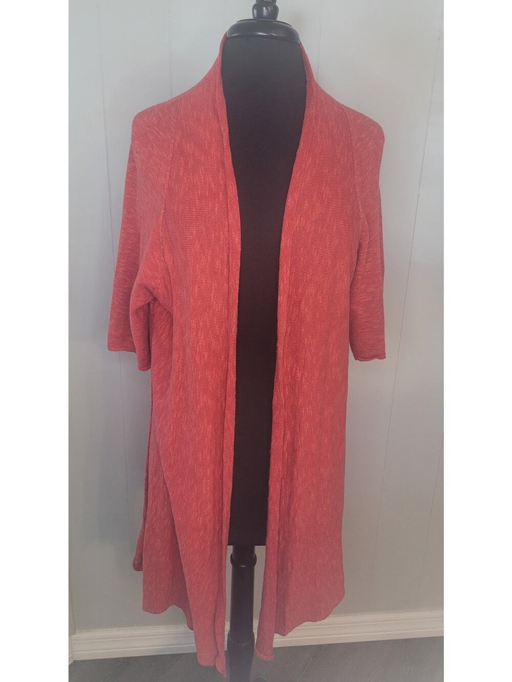 Eileen Fisher Red Linen Blend Open Cardigan Slub Knit L